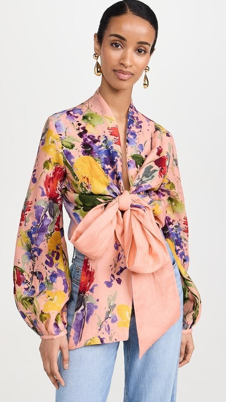 Silvia Tcherassi Linen Apricot Spring Garden Pink Floral Top Small